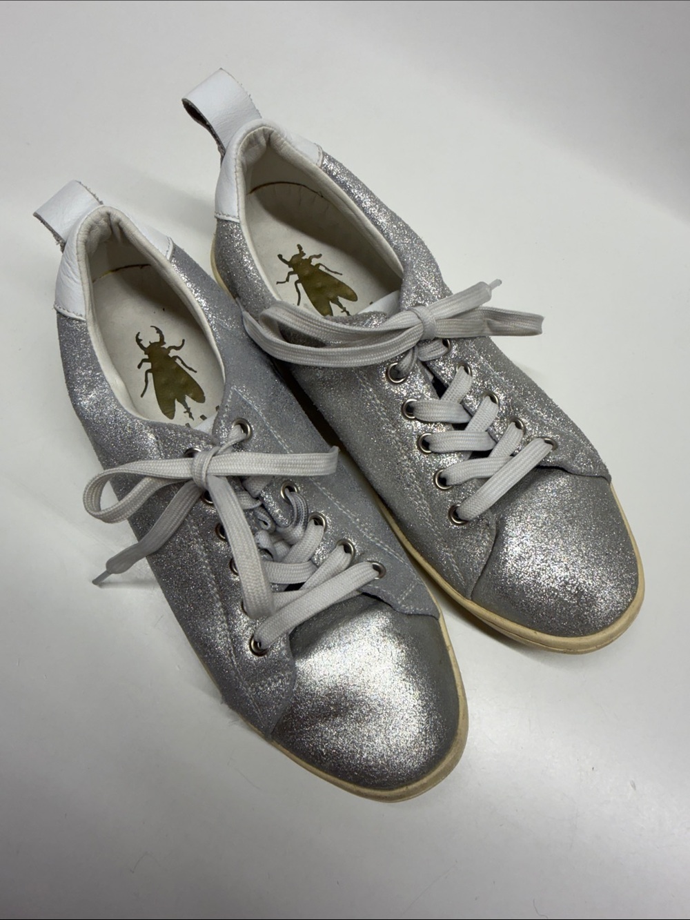 Fly London Marte Maco Sneakers Low Top Shoes Lace Sparkle Glitter Silver Size 7